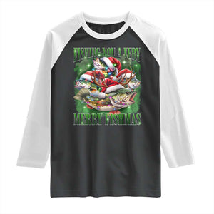 Funny Fishing Christmas Raglan Shirt Fishing You A Very Merry Fishmas Santa Hat TS11 Black White Print Your Wear