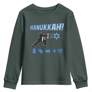 Funny Hanukkah Arcade Game Youth Sweatshirt Jewish Fighter Menorah Star Of David TS11 Dark Forest Green Print Your Wear