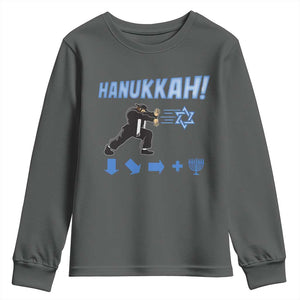 Funny Hanukkah Arcade Game Youth Sweatshirt Jewish Fighter Menorah Star Of David TS11 Dark Heather Print Your Wear
