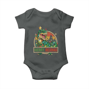 Funny Christmas Dinosaur Baby Onesie Merry Rexmas Dino Xmas Tree TS11 Dark Heather Print Your Wear