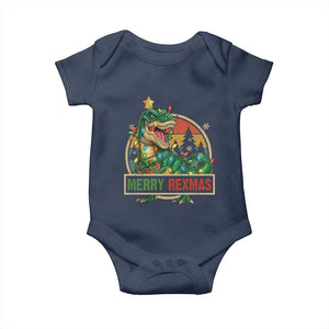 Funny Christmas Dinosaur Baby Onesie Merry Rexmas Dino Xmas Tree TS11 Navy Print Your Wear