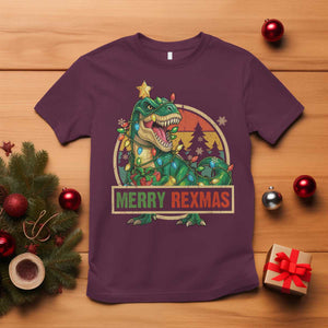 Funny Christmas Dinosaur T Shirt Merry Rexmas Dino Xmas Tree TS11 Maroon Print Your Wear