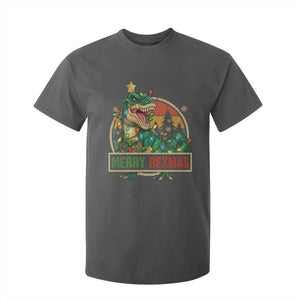 Funny Christmas Dinosaur T Shirt For Kid Merry Rexmas Dino Xmas Tree TS11 Dark Heather Print Your Wear