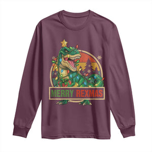 Funny Christmas Dinosaur Long Sleeve Shirt Merry Rexmas Dino Xmas Tree TS11 Maroon Print Your Wear