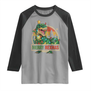 Funny Christmas Dinosaur Raglan Shirt Merry Rexmas Dino Xmas Tree TS11 Sport Gray Black Print Your Wear