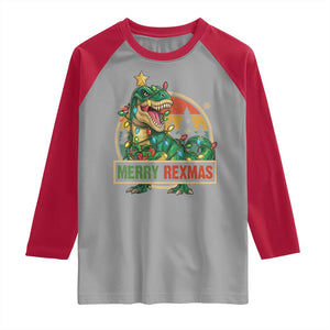 Funny Christmas Dinosaur Raglan Shirt Merry Rexmas Dino Xmas Tree TS11 Sport Gray Red Print Your Wear