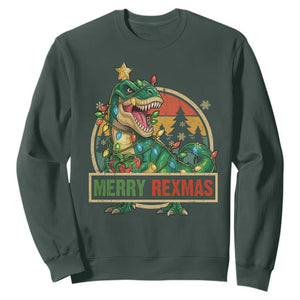 Funny Christmas Dinosaur Sweatshirt Merry Rexmas Dino Xmas Tree TS11 Dark Forest Green Print Your Wear