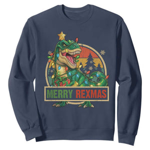 Funny Christmas Dinosaur Sweatshirt Merry Rexmas Dino Xmas Tree TS11 Navy Print Your Wear