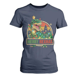 Funny Christmas Dinosaur T Shirt For Women Merry Rexmas Dino Xmas Tree TS11 Navy Print Your Wear