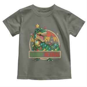 Funny Christmas Dinosaur Toddler T Shirt Merry Rexmas Dino Xmas Tree TS11 Military Green Print Your Wear