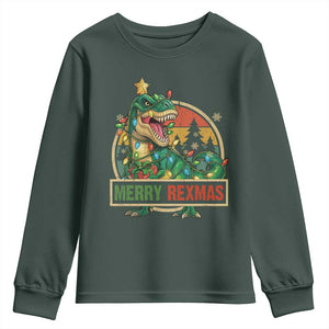 Funny Christmas Dinosaur Youth Sweatshirt Merry Rexmas Dino Xmas Tree TS11 Dark Forest Green Print Your Wear