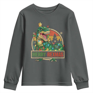 Funny Christmas Dinosaur Youth Sweatshirt Merry Rexmas Dino Xmas Tree TS11 Dark Heather Print Your Wear