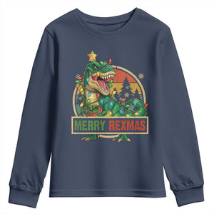 Funny Christmas Dinosaur Youth Sweatshirt Merry Rexmas Dino Xmas Tree TS11 Navy Print Your Wear
