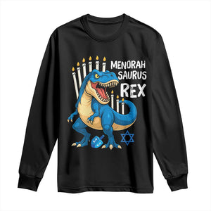 Funny Hanukkah Dinosaur Long Sleeve Shirt Menorasaurus Rex Jewish Holiday Chanukkah TS11 Black Print Your Wear