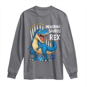 Funny Hanukkah Dinosaur Long Sleeve Shirt Menorasaurus Rex Jewish Holiday Chanukkah TS11 Charcoal Print Your Wear