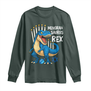 Funny Hanukkah Dinosaur Long Sleeve Shirt Menorasaurus Rex Jewish Holiday Chanukkah TS11 Dark Forest Green Print Your Wear