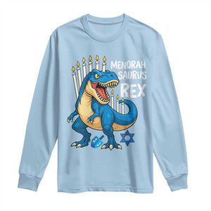 Funny Hanukkah Dinosaur Long Sleeve Shirt Menorasaurus Rex Jewish Holiday Chanukkah TS11 Light Blue Print Your Wear
