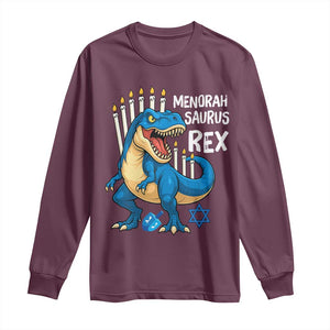 Funny Hanukkah Dinosaur Long Sleeve Shirt Menorasaurus Rex Jewish Holiday Chanukkah TS11 Maroon Print Your Wear