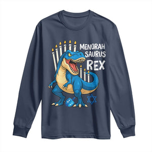 Funny Hanukkah Dinosaur Long Sleeve Shirt Menorasaurus Rex Jewish Holiday Chanukkah TS11 Navy Print Your Wear