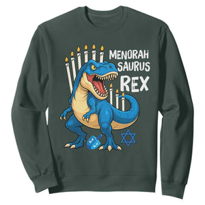 Funny Hanukkah Dinosaur Sweatshirt Menorasaurus Rex Jewish Holiday Chanukkah TS11 Dark Forest Green Print Your Wear