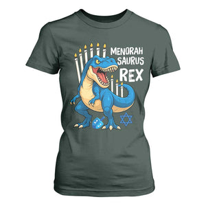 Funny Hanukkah Dinosaur T Shirt For Women Menorasaurus Rex Jewish Holiday Chanukkah TS11 Dark Forest Green Print Your Wear