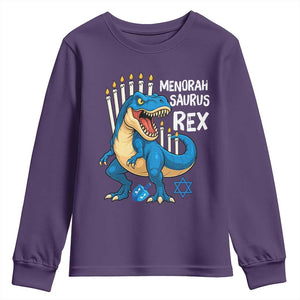 Funny Hanukkah Dinosaur Youth Sweatshirt Menorasaurus Rex Jewish Holiday Chanukkah TS11 Purple Print Your Wear