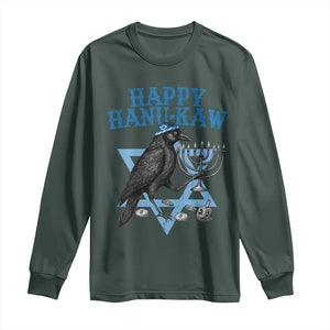 Funny Hanukkah Crow Long Sleeve Shirt Happy Hanukaw Jewish Holiday Chanukah Menorah TS11 Dark Forest Green Print Your Wear