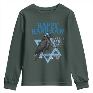Funny Hanukkah Crow Youth Sweatshirt Happy Hanukaw Jewish Holiday Chanukah Menorah TS11 Dark Forest Green Print Your Wear