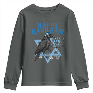 Funny Hanukkah Crow Youth Sweatshirt Happy Hanukaw Jewish Holiday Chanukah Menorah TS11 Dark Heather Print Your Wear