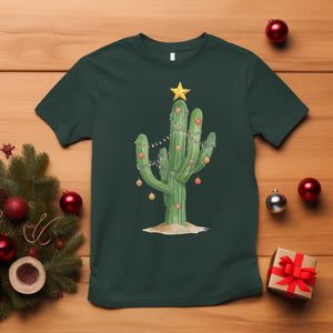 Funny Cactus Christmas Xmas Trees Lights Santa Hat Cactus Lovers T Shirt TS11 Dark Forest Green Print Your Wear