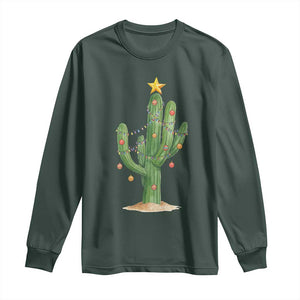 Funny Cactus Christmas Xmas Trees Lights Santa Hat Cactus Lovers Long Sleeve Shirt TS11 Dark Forest Green Print Your Wear