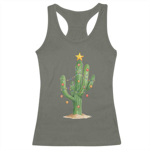 Funny Cactus Christmas Xmas Trees Lights Santa Hat Cactus Lovers Racerback Tank Top TS11 Military Green Print Your Wear