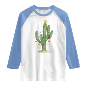 Funny Cactus Christmas Xmas Trees Lights Santa Hat Cactus Lovers Raglan Shirt TS11 White Carolina Blue Print Your Wear