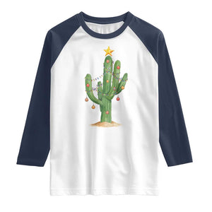 Funny Cactus Christmas Xmas Trees Lights Santa Hat Cactus Lovers Raglan Shirt TS11 White Navy Print Your Wear