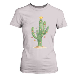 Funny Cactus Christmas Xmas Trees Lights Santa Hat Cactus Lovers T Shirt For Women TS11 Ice Gray Print Your Wear
