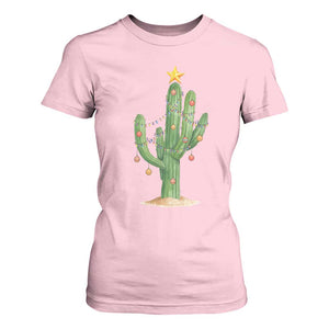 Funny Cactus Christmas Xmas Trees Lights Santa Hat Cactus Lovers T Shirt For Women TS11 Light Pink Print Your Wear