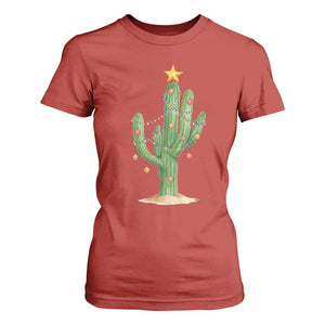 Funny Cactus Christmas Xmas Trees Lights Santa Hat Cactus Lovers T Shirt For Women TS11 Red Print Your Wear