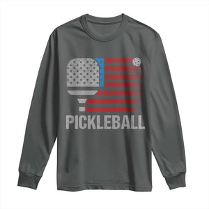Pickleball Lover Vintage American Flag Long Sleeve Shirt 4th of July TS11 Dark Heather Print Your Wear