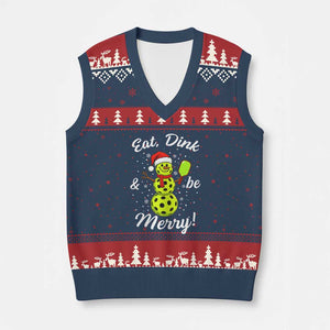 Funny Xmas Pickleball V-Neck Knit Sweater Vest Eat Dink And Be Merry Snowman TS11 Navy Red Print Your Wear