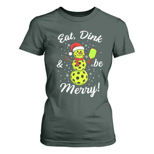 Funny Christmas Pickleball T Shirt For Women Eat Dink And Be Merry Snowman TS11 Dark Forest Green Print Your Wear