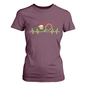Funny Christmas Pickleball Heartbeat Santa Hat T Shirt For Women TS11 Maroon Print Your Wear