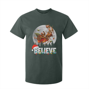 Funny Bigfoot Christmas T Shirt For Kid Believe Santa Sasquatch Xmas Reindeer Sleigh TS11 Dark Forest Green Print Your Wear