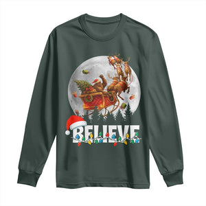 Funny Bigfoot Christmas Long Sleeve Shirt Believe Santa Sasquatch Xmas Reindeer Sleigh TS11 Dark Forest Green Print Your Wear