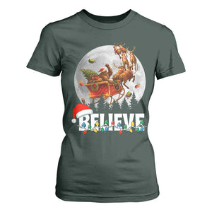 Funny Bigfoot Christmas T Shirt For Women Believe Santa Sasquatch Xmas Reindeer Sleigh TS11 Dark Forest Green Print Your Wear