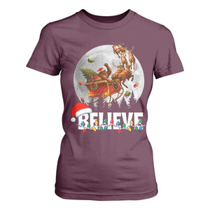 Funny Bigfoot Christmas T Shirt For Women Believe Santa Sasquatch Xmas Reindeer Sleigh TS11 Maroon Print Your Wear