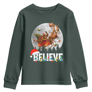 Funny Bigfoot Christmas Youth Sweatshirt Believe Santa Sasquatch Xmas Reindeer Sleigh TS11 Dark Forest Green Print Your Wear