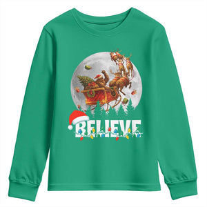 Funny Bigfoot Christmas Youth Sweatshirt Believe Santa Sasquatch Xmas Reindeer Sleigh TS11 Irish Green Print Your Wear