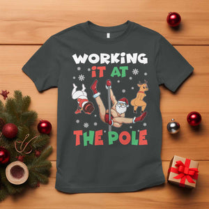 Funny Christmas Naughty Santa T Shirt Working It At The Pole TS11 Dark Heather Print Your Wear