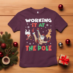 Funny Christmas Naughty Santa T Shirt Working It At The Pole TS11 Maroon Print Your Wear