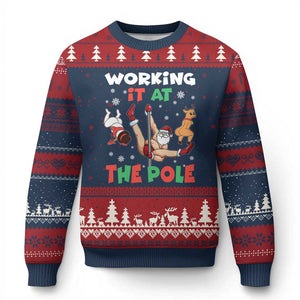 Funny Xmas Naughty Santa Ugly Christmas Sweater Working It At The Pole TS11 Navy Red Print Your Wear